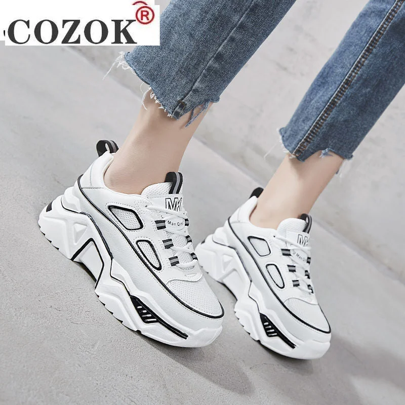 2021 Spring New Women's Chunky Sneakers Platform Vulcanize Shoes Fashion Breathable Women Casual Shoes Lace-up White Dad Shoes