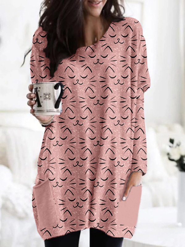 Comstylish Cute Cat Faces Pattern Patch Pocket Comfy Tunic