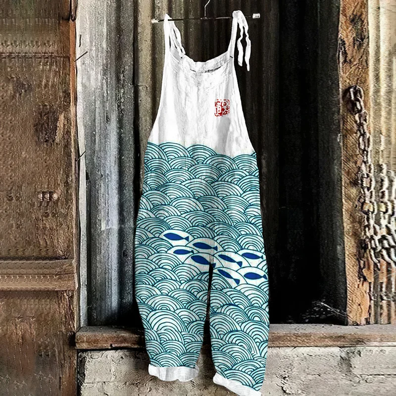 Vintage Fish Schools And Waves Printed Casual Jumpsuit