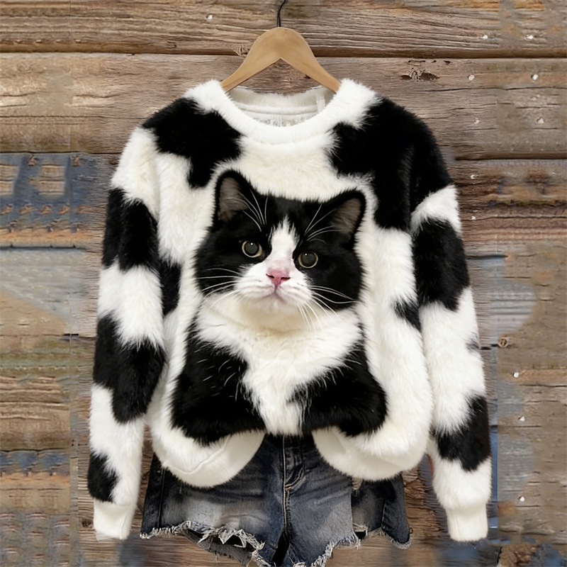 Cow Cat Inspired Cowhide Cozy Plush Sweatshirt wearshes