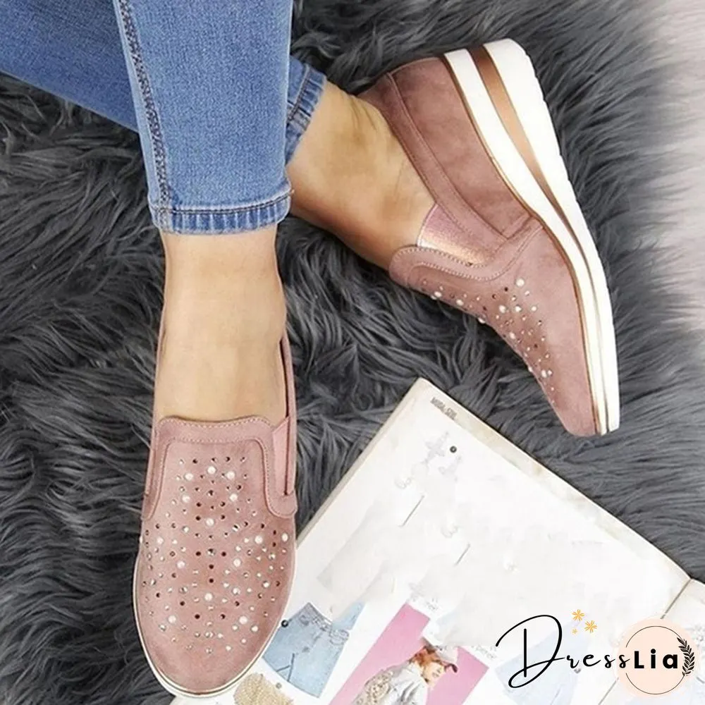 Women Casual Thick Sole Single Shoes Rhinestones Sandals Breathable Wedge Shoes