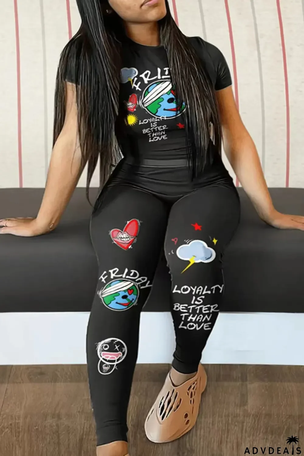 Black Red Casual Print Patchwork O Neck Plus Size Two Pieces