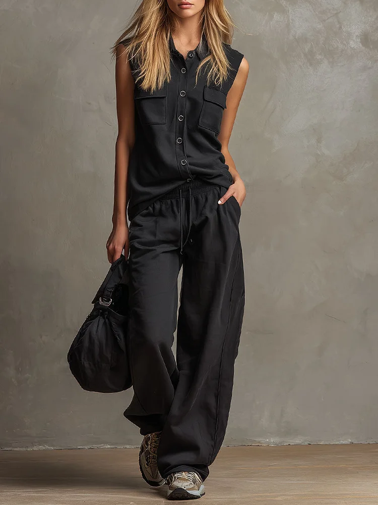 Black Collared Button-down Sleeveless Top And Trousers Set