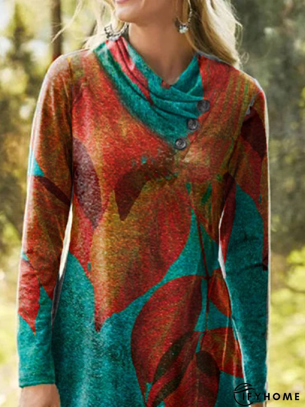Cowl Neck Long Sleeve Floral-Print Leaves Tunic Top | IFYHOME