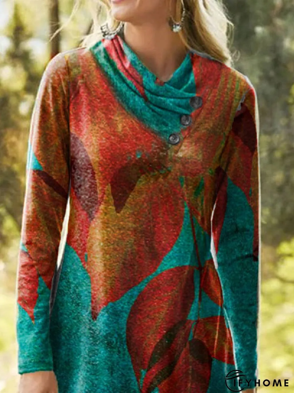 Cowl Neck Long Sleeve Floral-Print Leaves Tunic Top | IFYHOME