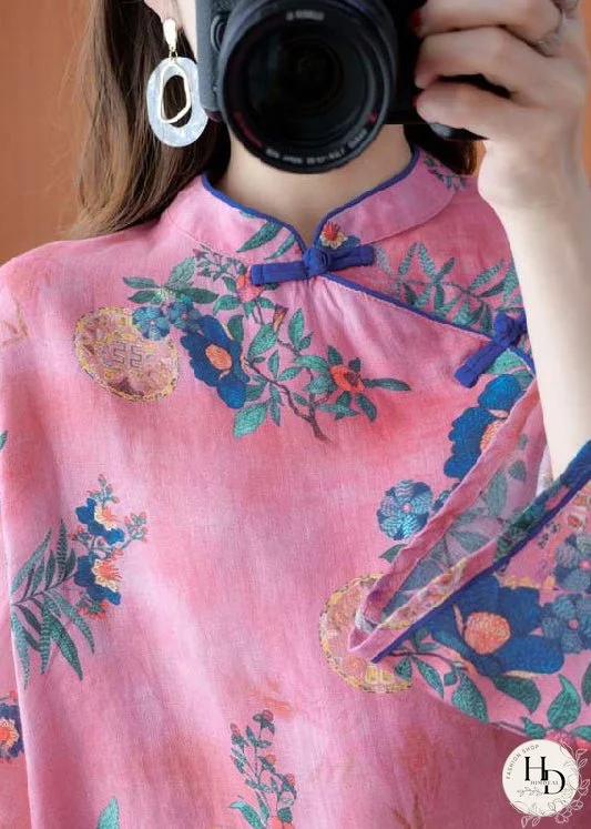 Vintage Pink Stand Collar Button Print Linen Shirt Top Long Sleeve