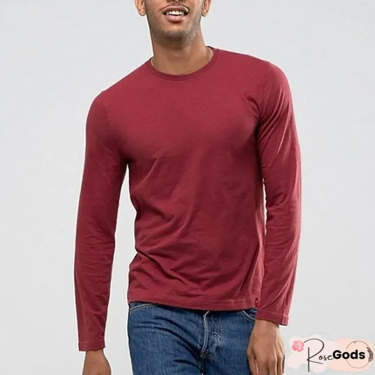 Autumn Men's Round Collar Pure Color T-Shirt