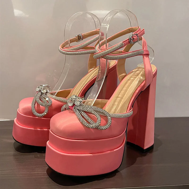  Ankle Strap Women Pumps Elegant Party Shoes Butterfly-Knot Crystal Hoof Heel Platform Square Toe High Heel Dress Shoes