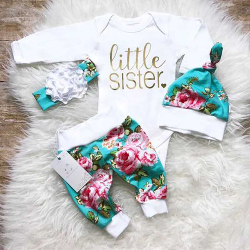 4PCS Little Sister Letter Printed Romper With Floral Printed Pants Baby Girl Set