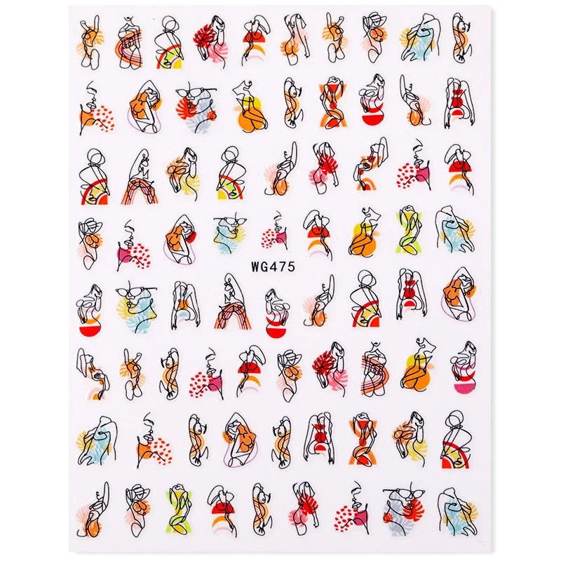 1PC Sexy Lady Shaped 3D Nail Stickers Character Face Image Leaves Flower Decals Slider Black White DIY Nail Art Decorarion-Nail Inspo