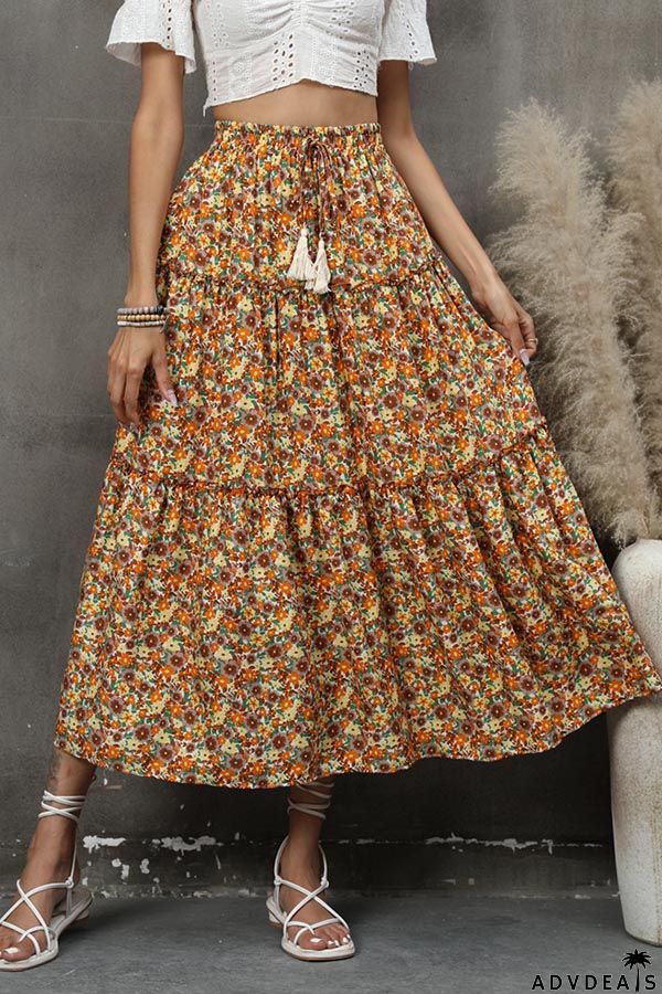 Floral fungus lace stitching layered skirt bohemian tassel seaside holiday beach skirt