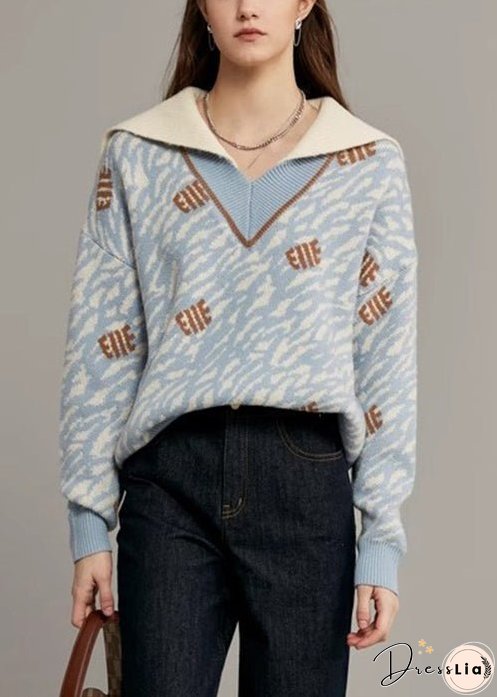 Light Blue Original Design Knit Sweaters Sailor Collar Winter