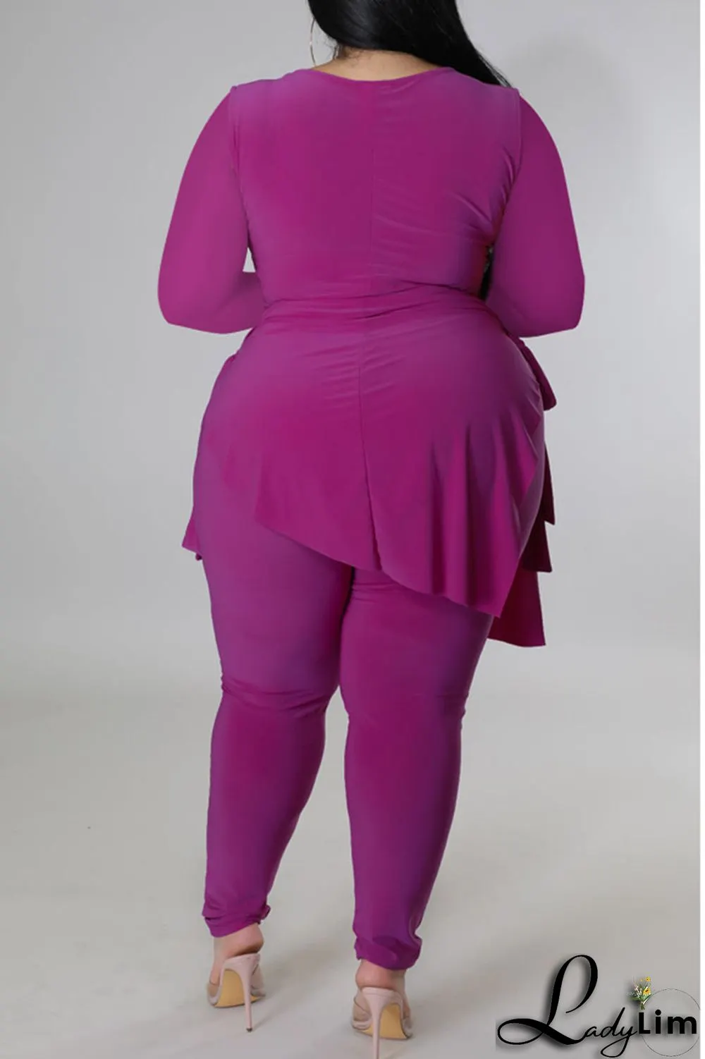 Rose Red Casual Solid Bandage Patchwork Asymmetrical O Neck Plus Size Two Pieces
