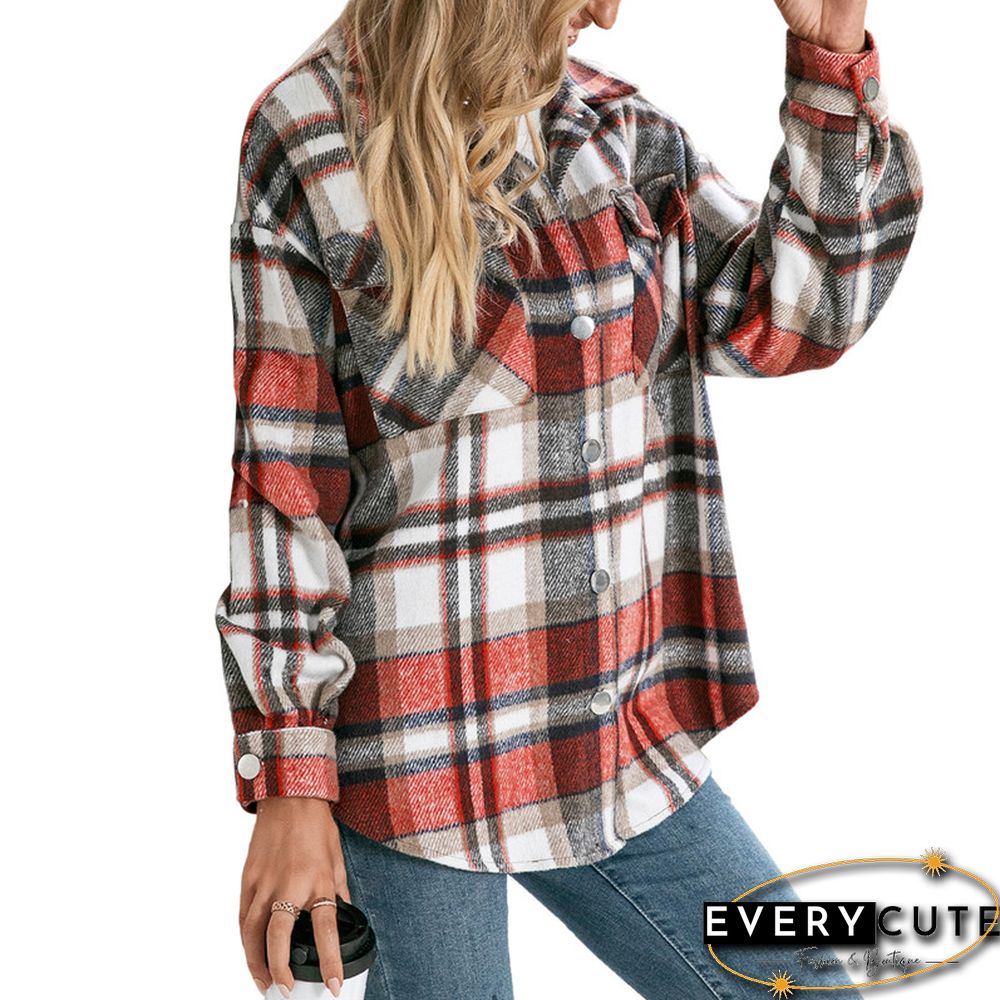 Women Plaid Printed Pattern Coat Long Sleeve Button-down Collared Jacket With Pockets Ladies Tops Autumn Winter Clothes
