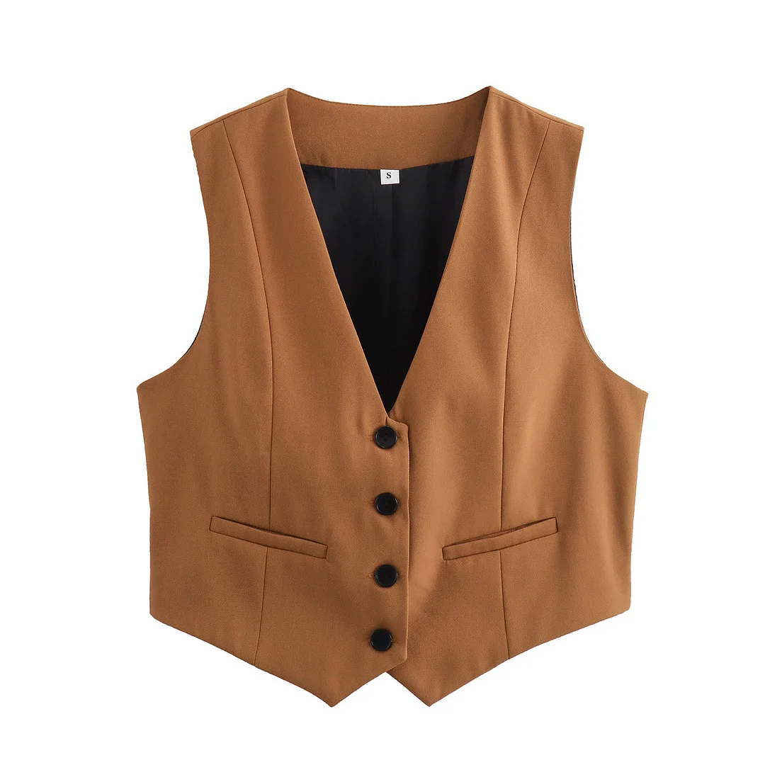 Nigikala Nigikala Women's Retro Solid Color Candy Color V-Neck Short Suit Vest / Horse Clip Cane