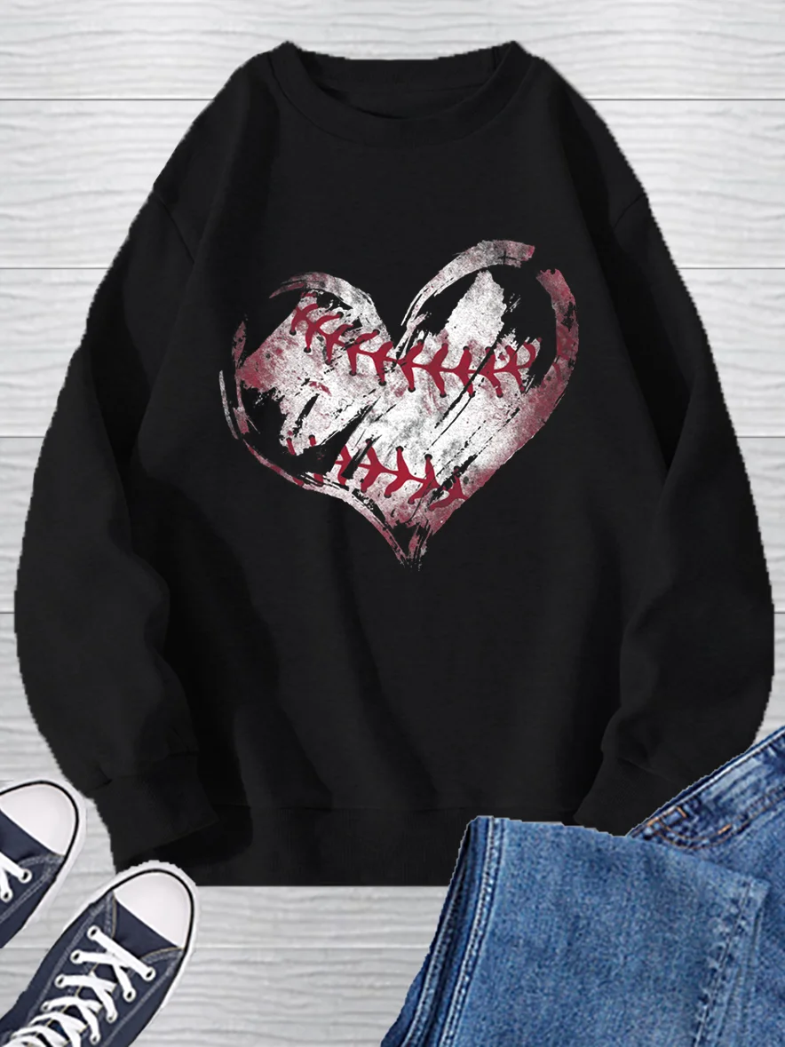 Baseball Heart Print Long Sleeve Pullover