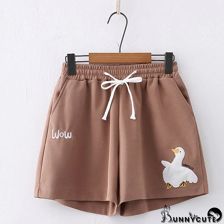 Cartoon Duck Embroidery Pocket Drawstring Shorts