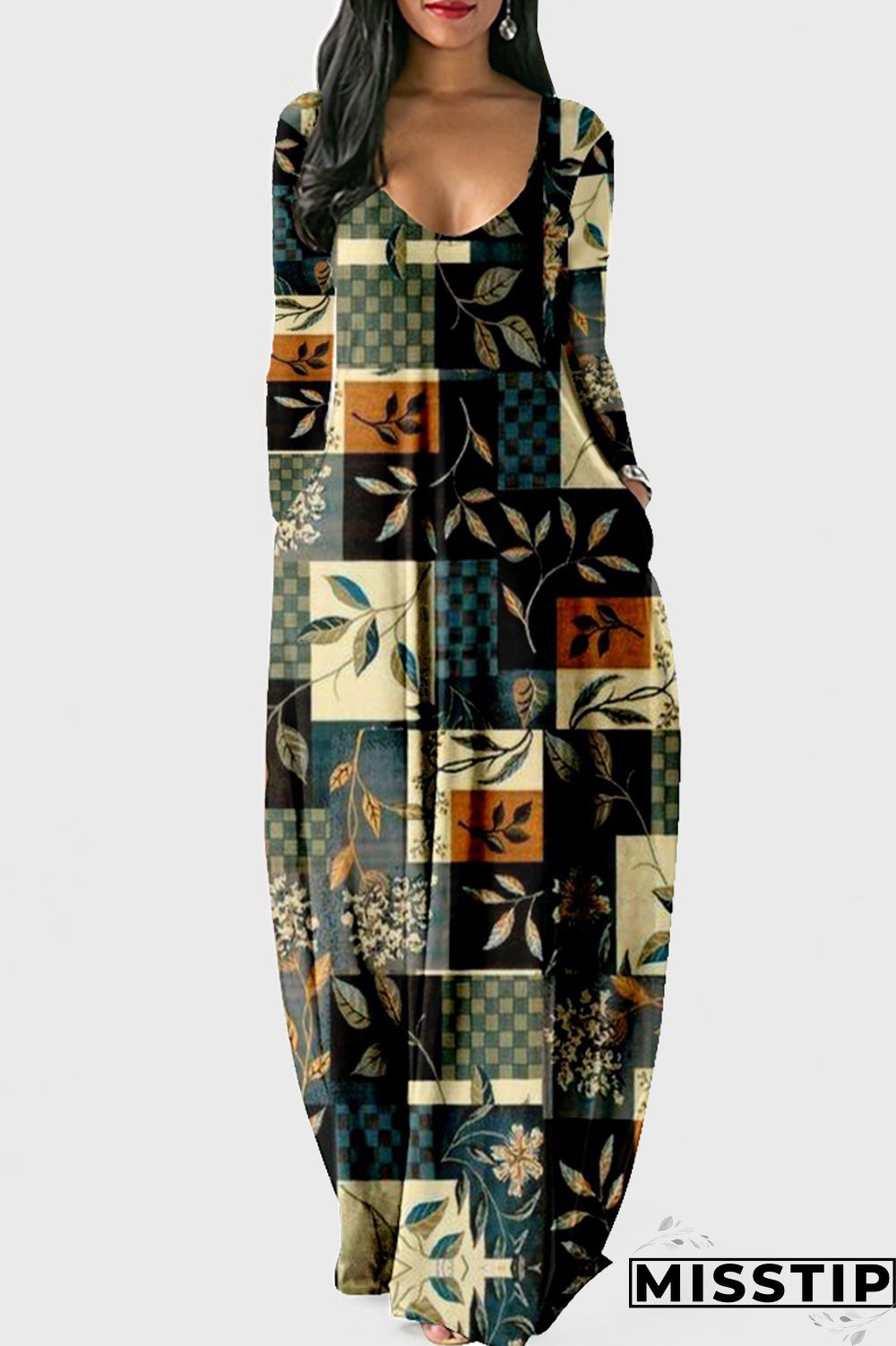 Cyan Fashion Casual Print Patchwork V Neck Long Sleeve Dresses