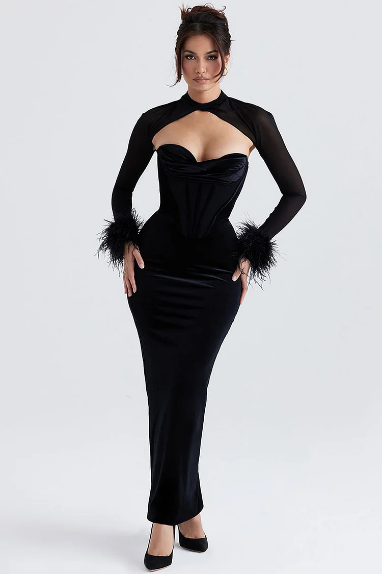 Irregular Feather Cuff Mesh Sleeve Velvet Corset Gown Prom Maxi Dresses