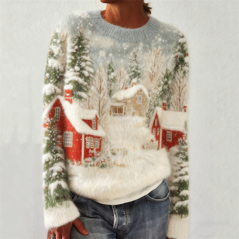 Snowing Cottages Forest Landscape Cozy Knit Sweater elevenforest