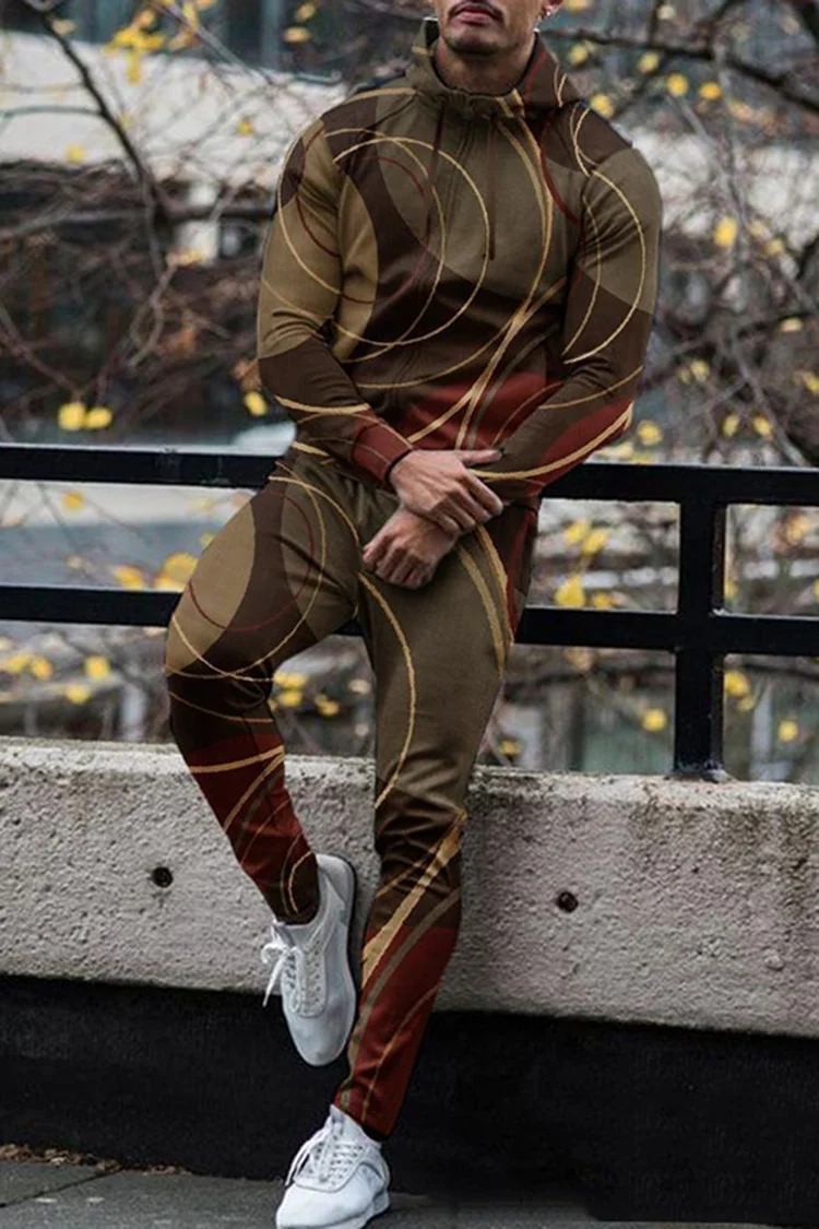 Stylish Khaki Geometry Tracksuit Two Piece Set