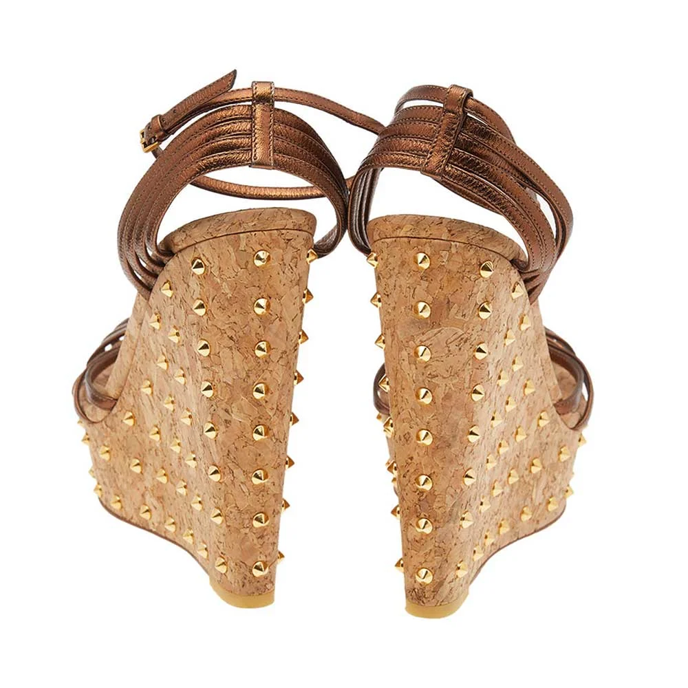 Brown Open Round Toe Strappy Platform Wedge Sandals with Studs