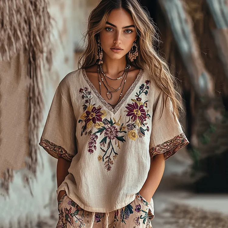Women's Floral Embroidery Short Sleeve Casual Linen Top