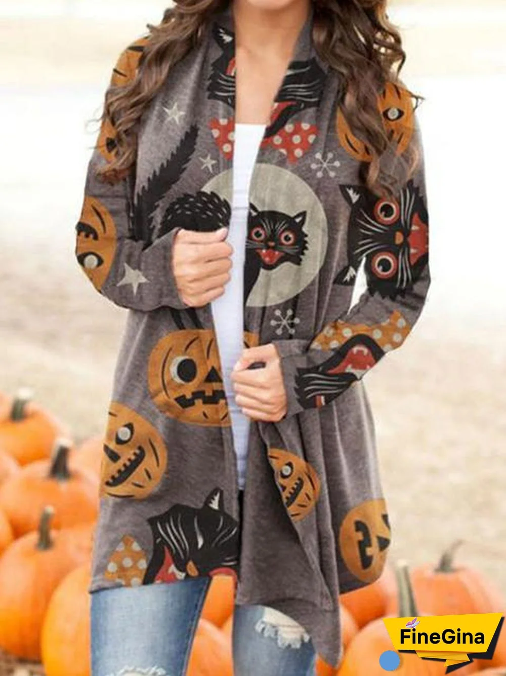 Halloween Animal Cat Pumpkin Print Cardigan