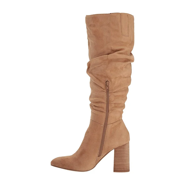 Tan Suede Chunky Heel Long Boots Knee High Boots |FSJ Shoes