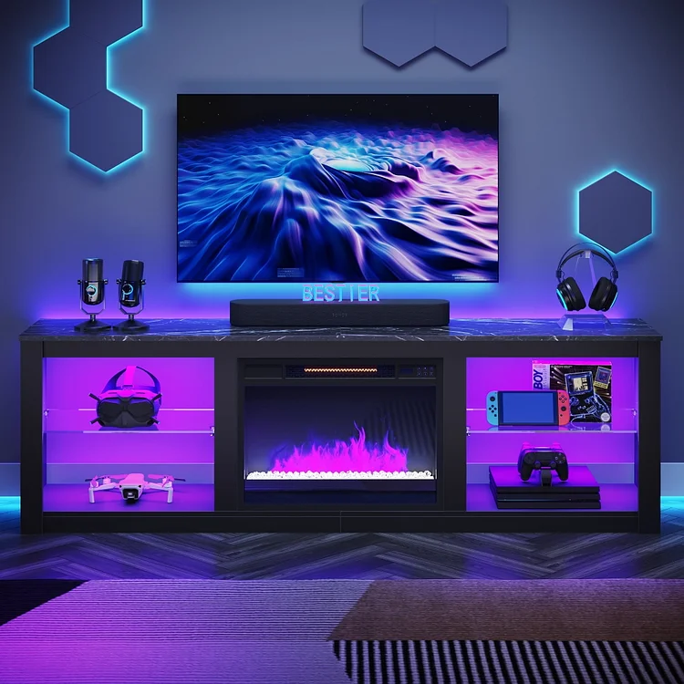 Bestier Fireplace TV Stand for 75" TVs with 23" Electric Fireplace,Modern Entertainment Center and Television Console Table with Remote Control RGB LED Lights and Holds up to 200 lbs