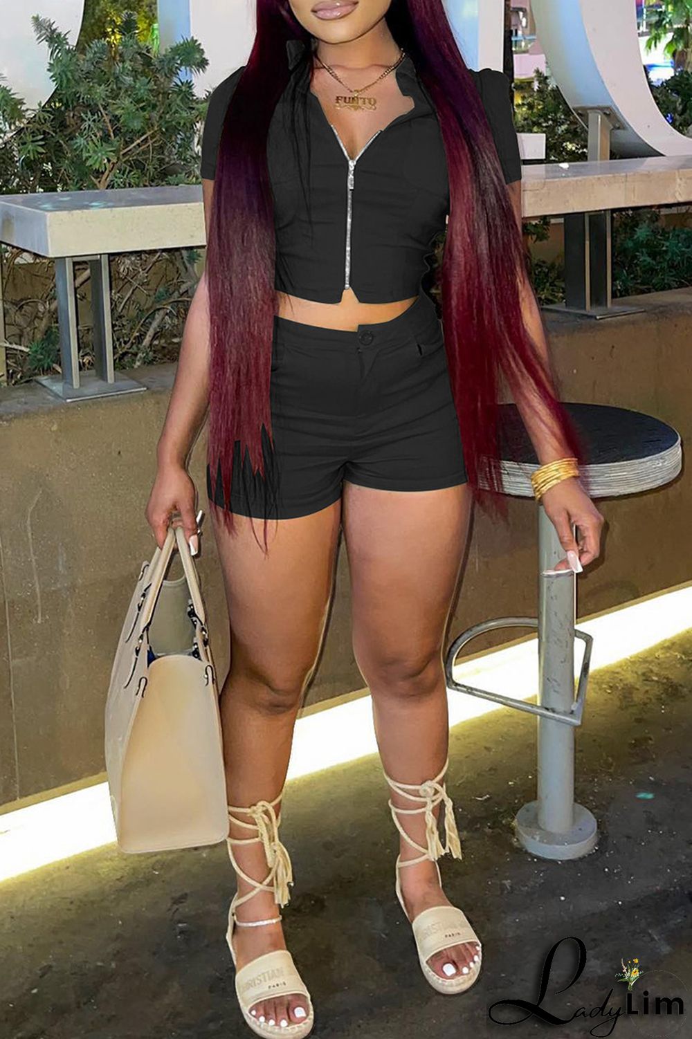 Khaki Fashion Casual Solid Basic Zipper Collar Short Sleeve Two Pieces