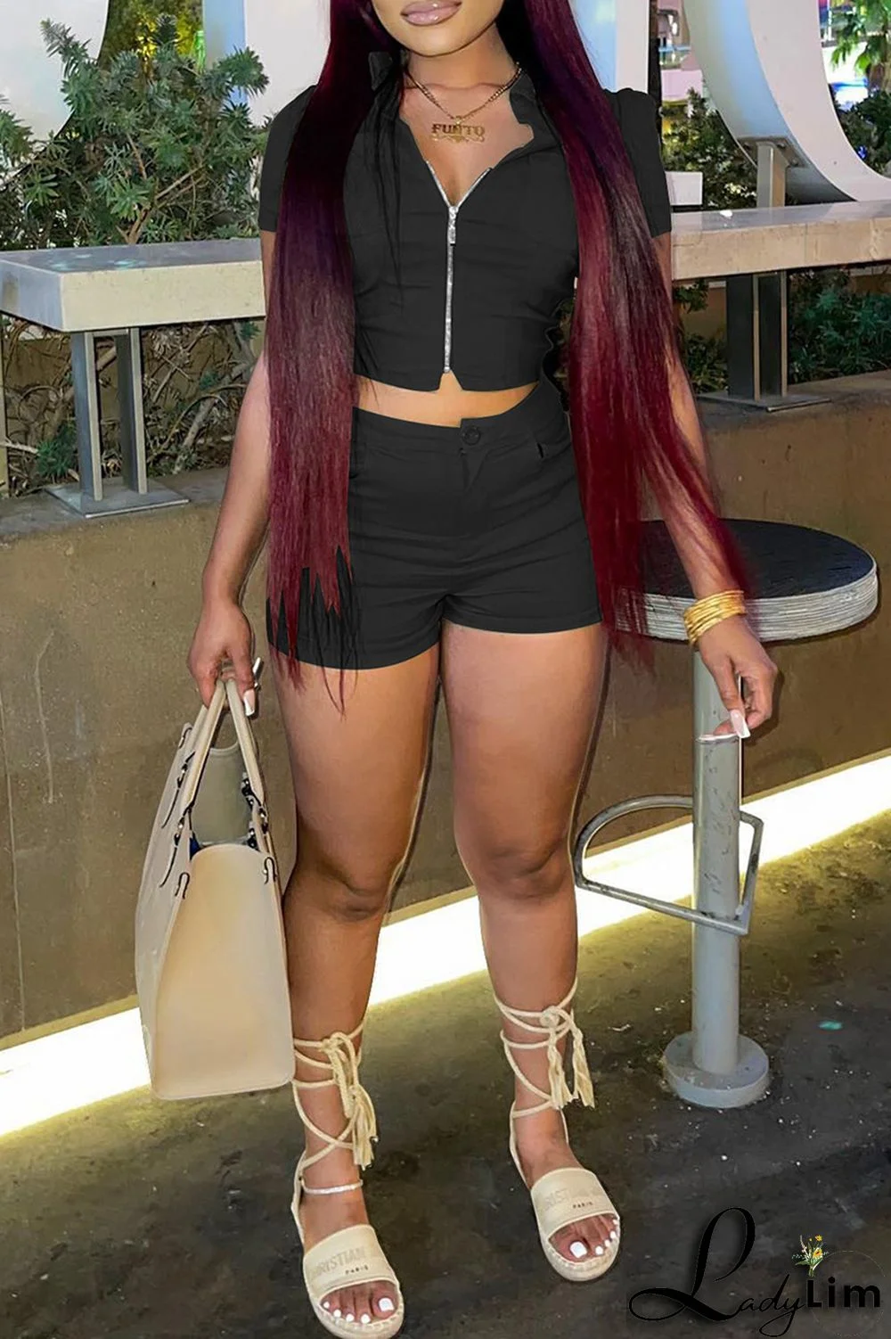 Khaki Fashion Casual Solid Basic Zipper Collar Short Sleeve Two Pieces