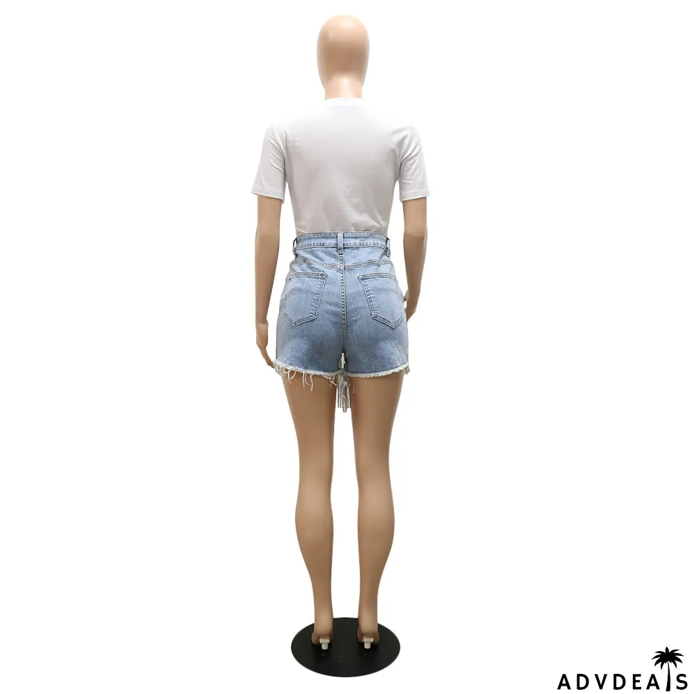 Fashion Sequin Fringe Pearl Denim Shorts