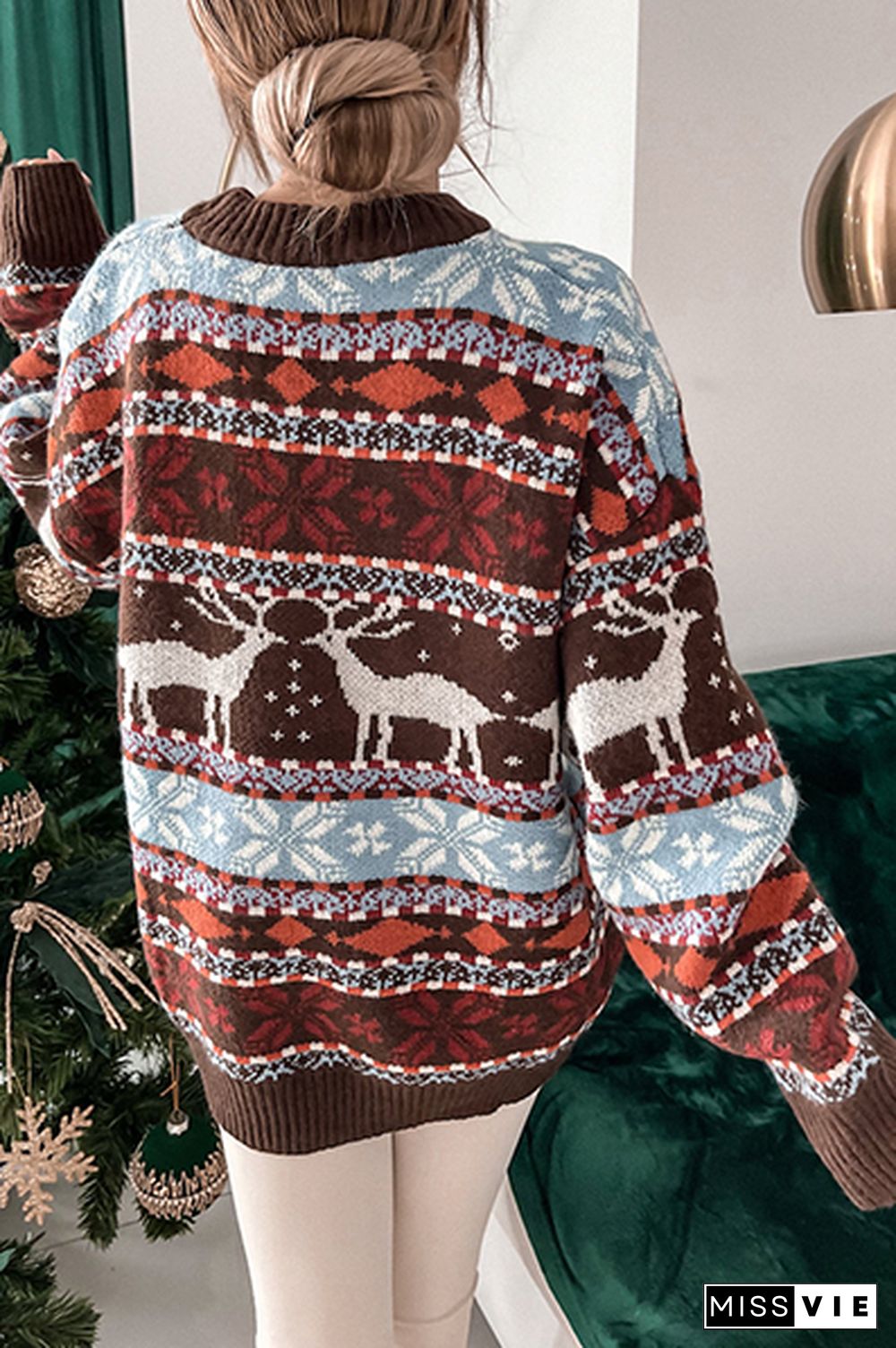 Casual Geometric Wapiti Patchwork Basic O Neck Tops