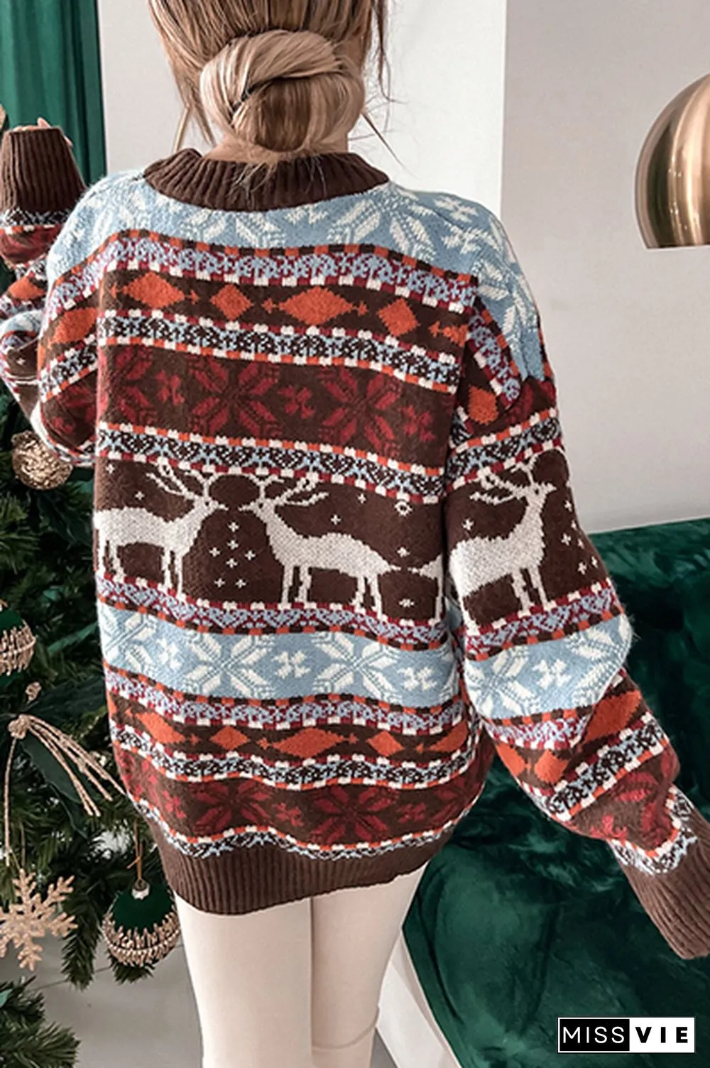 Casual Geometric Wapiti Patchwork Basic O Neck Tops