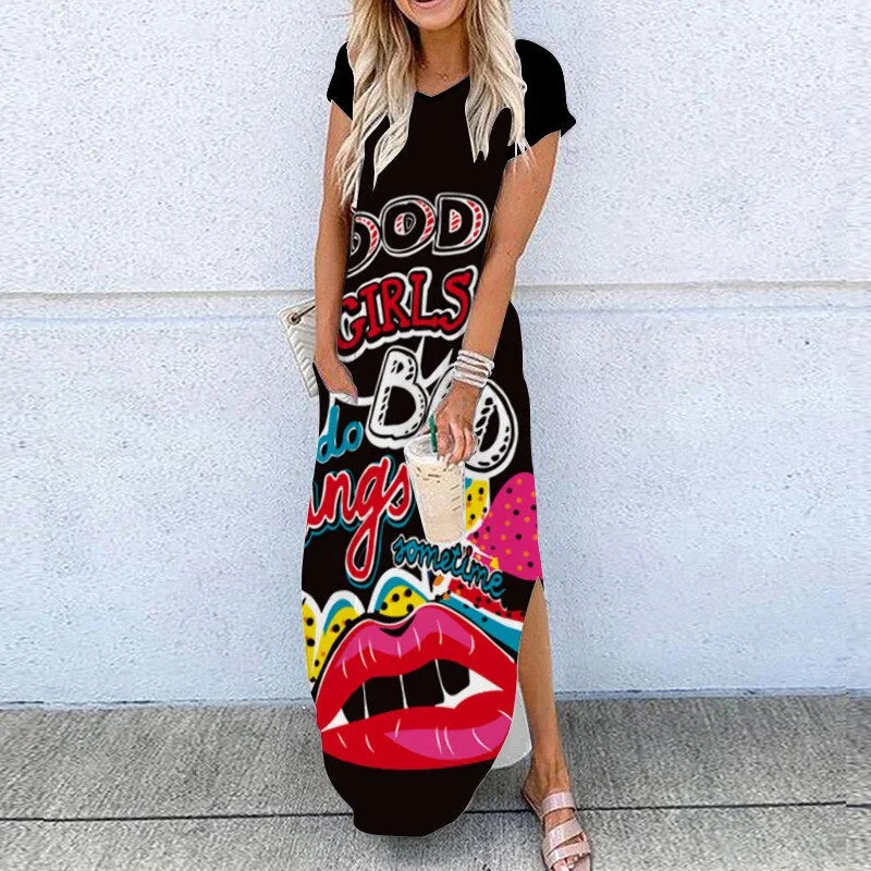 2020 Summer New Fashion Striped Strapless Dress Loose Round Neck Short Sleeve Long Dress Casual Elegant Moon Star Printing Dress