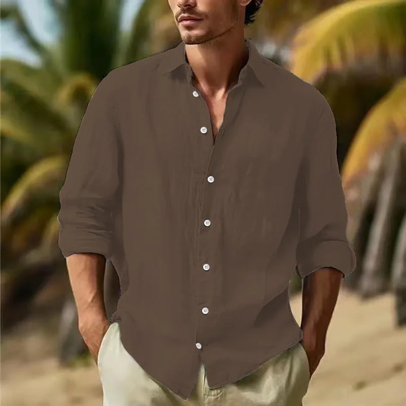 Uveng Uveng Men's Linen Shirt Button Shirt Summer Beach Shirt Pure Color