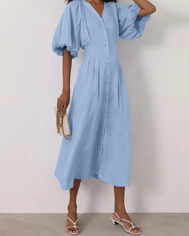 V-Neck Puff Sleeve Midi Dress