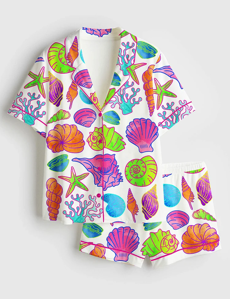 Women&rsquo;s Summer Coquette Seashell Beach Coastal Summer Vibes Clam Starfish Short Sleeve Satin Pajama Set