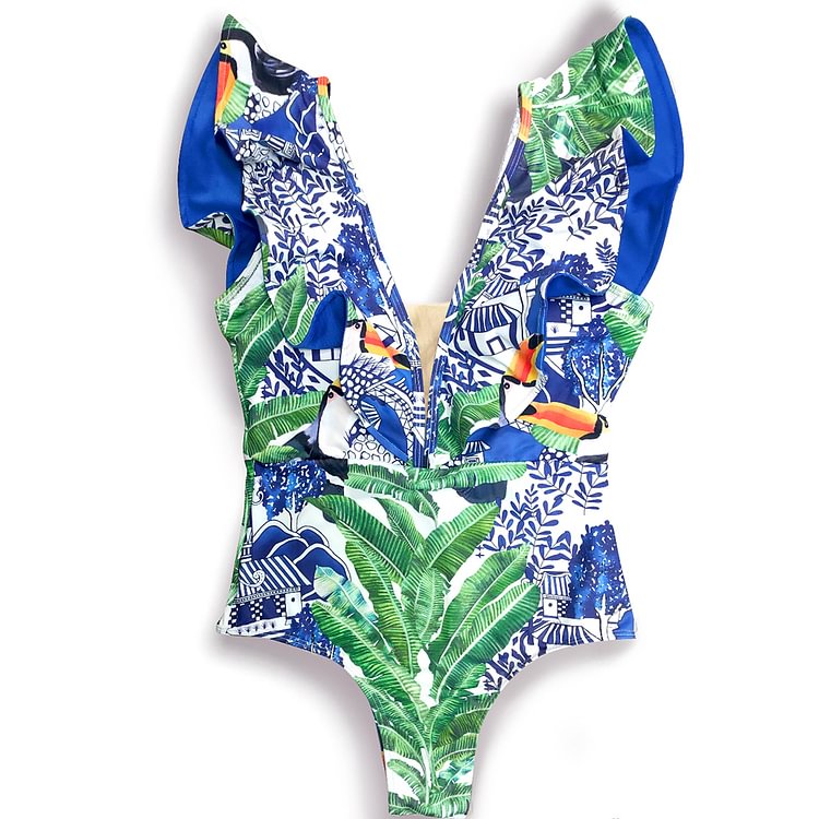 Flaxmaker Ruffle Printed One Piece Swimsuit
