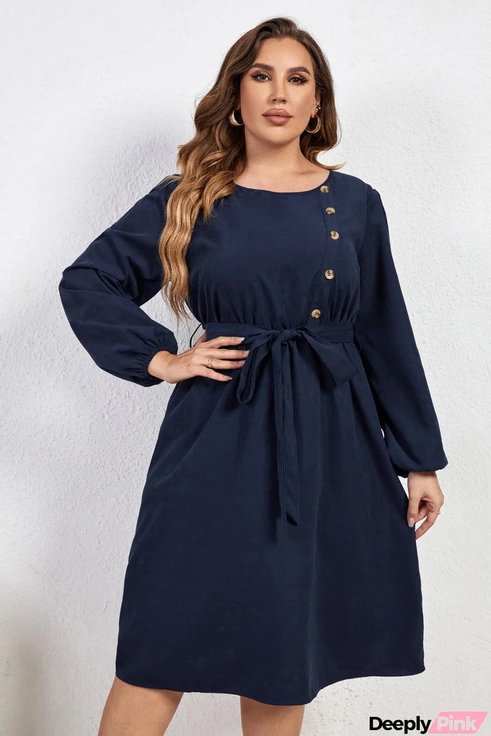 Plus Size Buttoned Tie Belt Round Neck Long Sleeve Dress