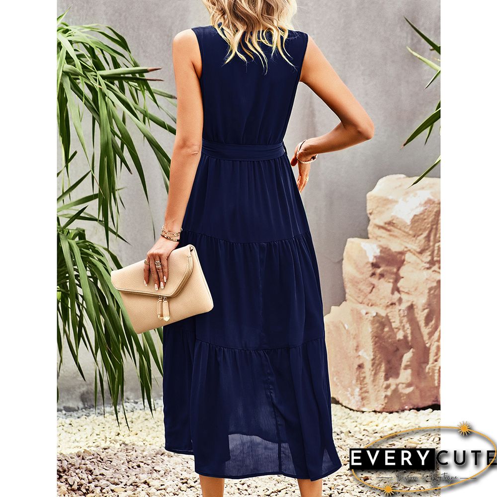 Navy Blue V Neck Sleeveless Tie Waist Midi Dress
