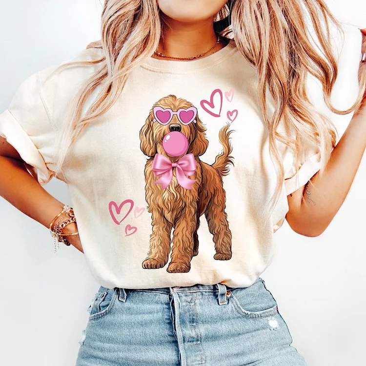 Custom Pet Photo Sweatshirt - Personalized Dog Illustration with Bubble Gum & Pink Bow