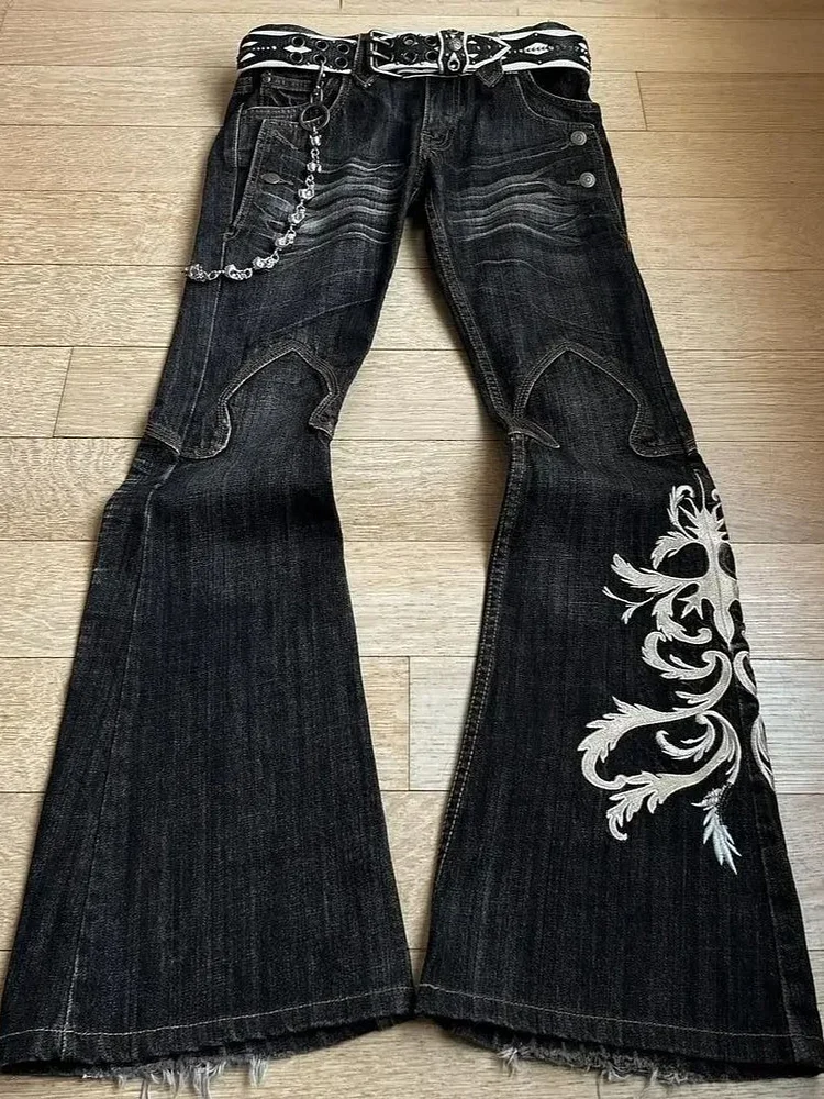 Alt-Goth Y2K Embroidered Wide Flare Pants