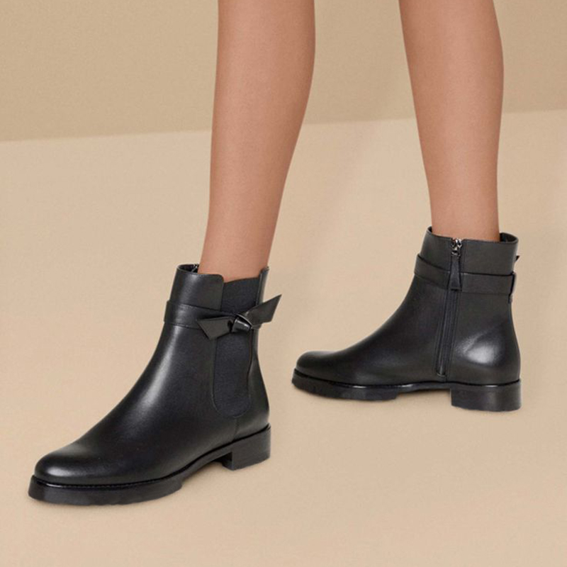Classic Black Round Toe Knot Strap Decor Flat Ankle Boots for Women Nicepairs