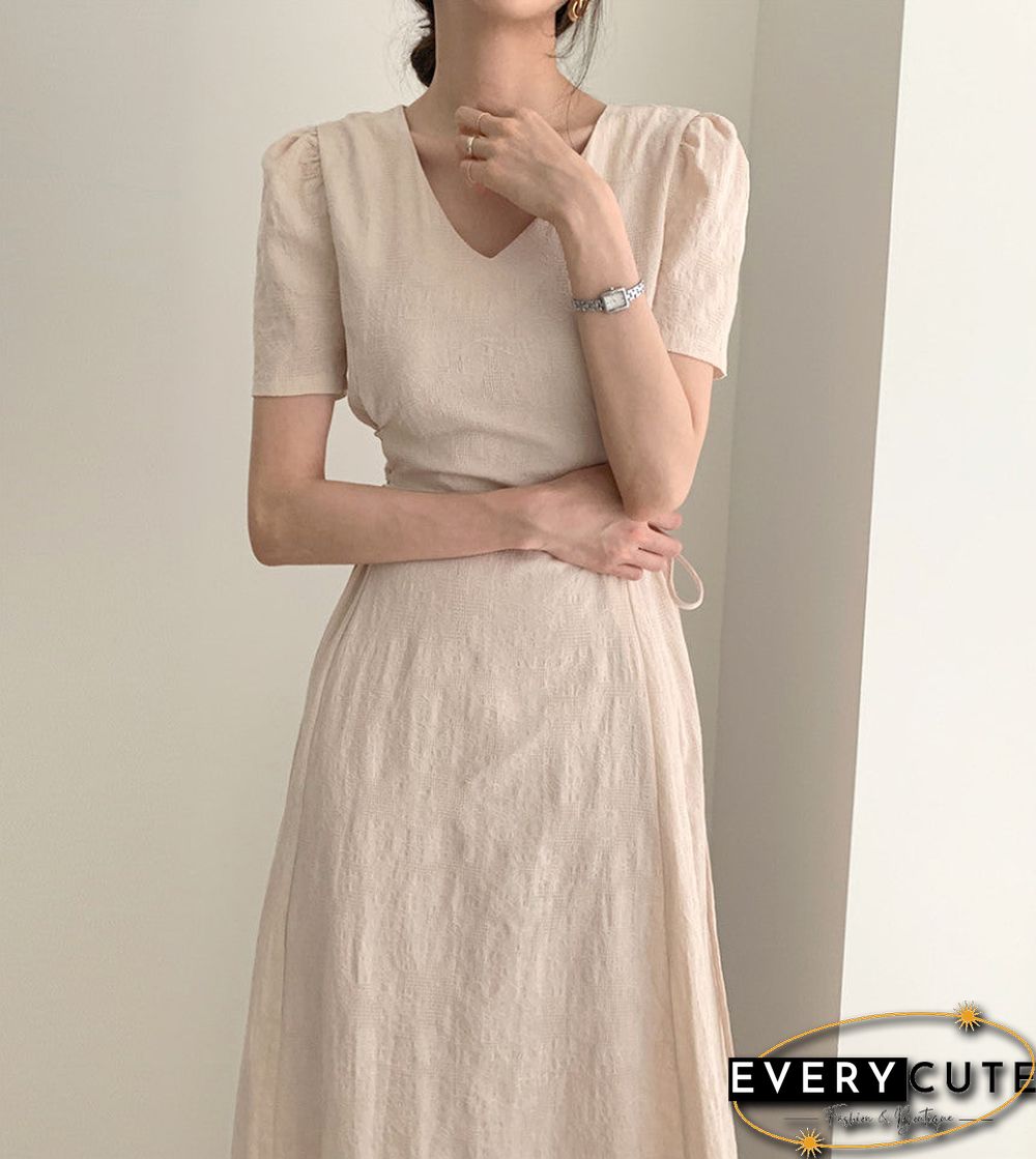 New Women Solid Sides Strap Slim Dress V-neck Short Sleeeves Light Flowers Partern Vestidos Freach Gentle Hot платье