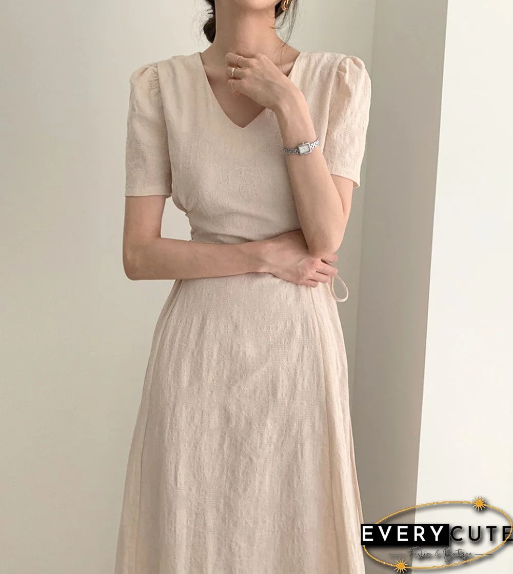 New Women Solid Sides Strap Slim Dress V-neck Short Sleeeves Light Flowers Partern Vestidos Freach Gentle Hot платье