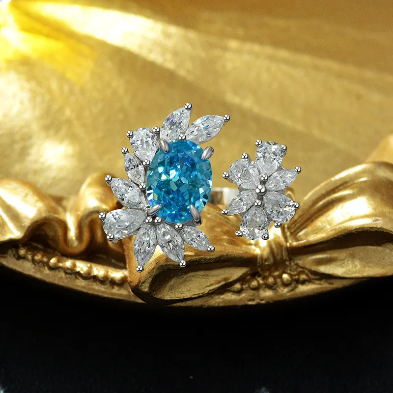 100% 925 Sterling Silver 7*9mm Oval Padma Aquamarine Yellow High Carbon Diamond Flower Rings For Women Party Fine Jewelry