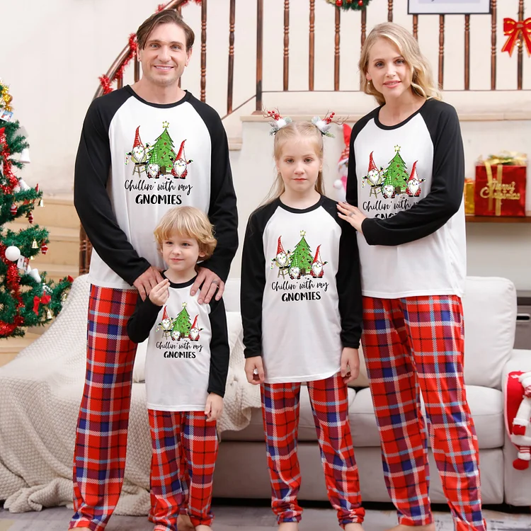 'Chillin' with My Gnomies' Red Black Plaid Family Matching Pajamas Sets