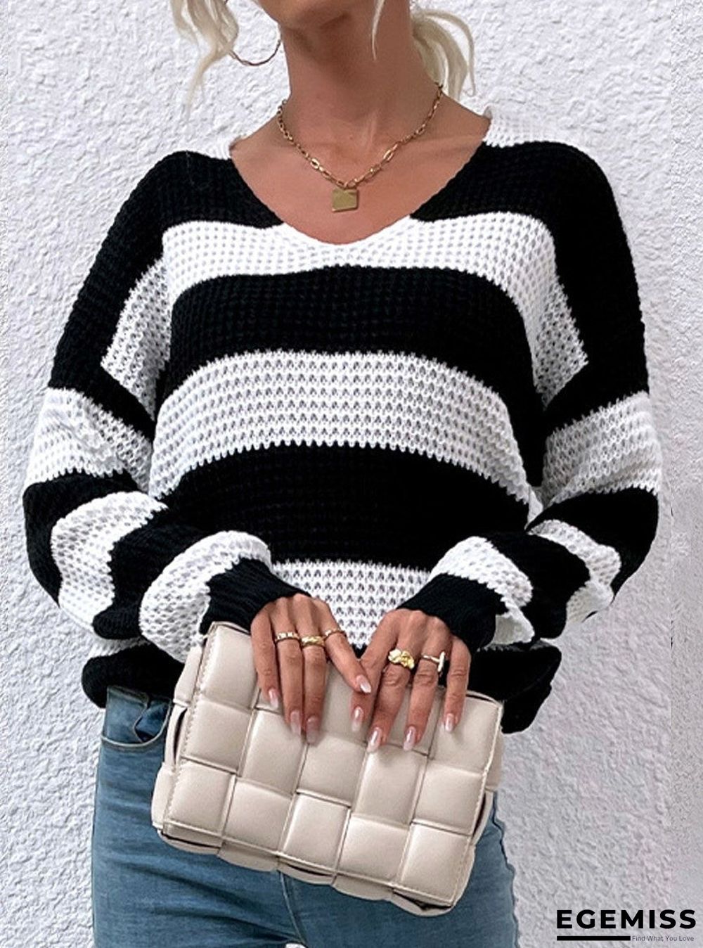 Casual Stripe Waffle V-neck Sweater Women | EGEMISS